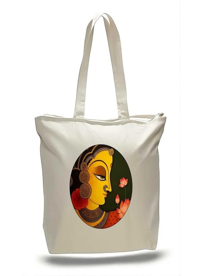 Roundsun Eco-Friendly Printed White Canvas Horizontal Tote Bag Artistic Design Collection (White) (Lotus Lady) - Image 1